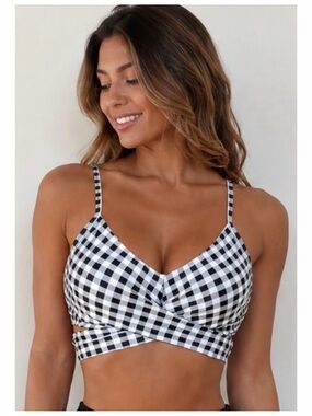NWT COCOSHIP Gingham Wrap Bikini Top Black White Size 6 Top Only